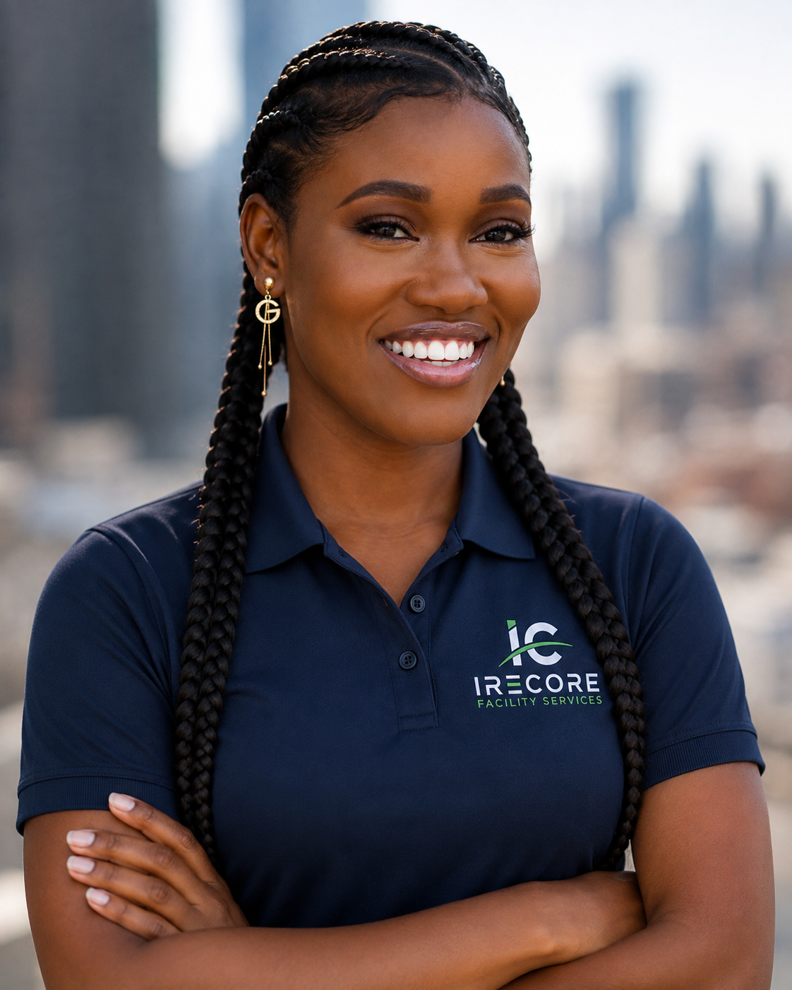 A smiling woman with long braided hair wearing a navy blue polo shirt with the logo 'IRRECORE Facility Services' standing outdoors with a city skyline in the background.