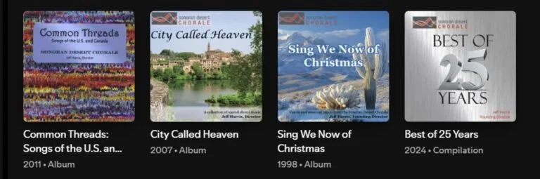 Four album covers from the Bonne chanson choir, featuring titles: 'Common Threads: Songs of the U.S. and Canada,' 'City Called Heaven,' 'Sing We Now of Christmas,' and 'Best of 25 Years.'