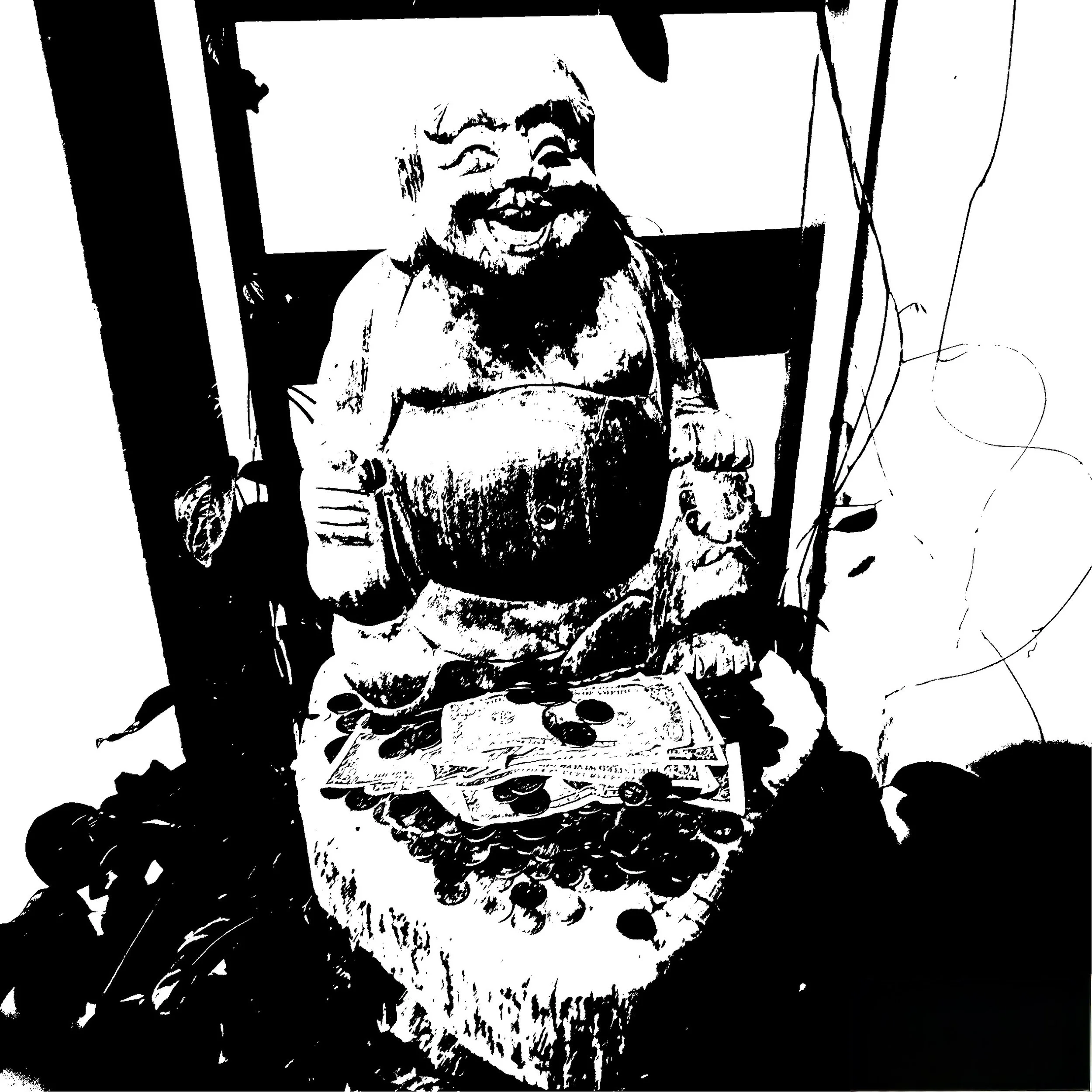 An artistic black and white stencil-style illustration of budha.