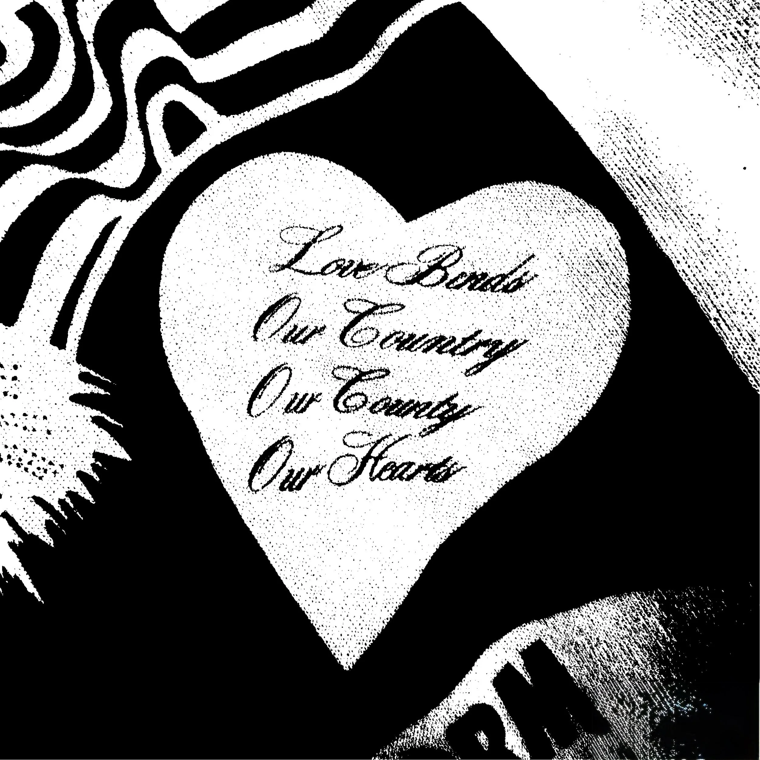 Close-up of a section of a banknote with handwritten text reading 'Love, Bonds, Happy, &...'. The image is in black and white with high contrast.