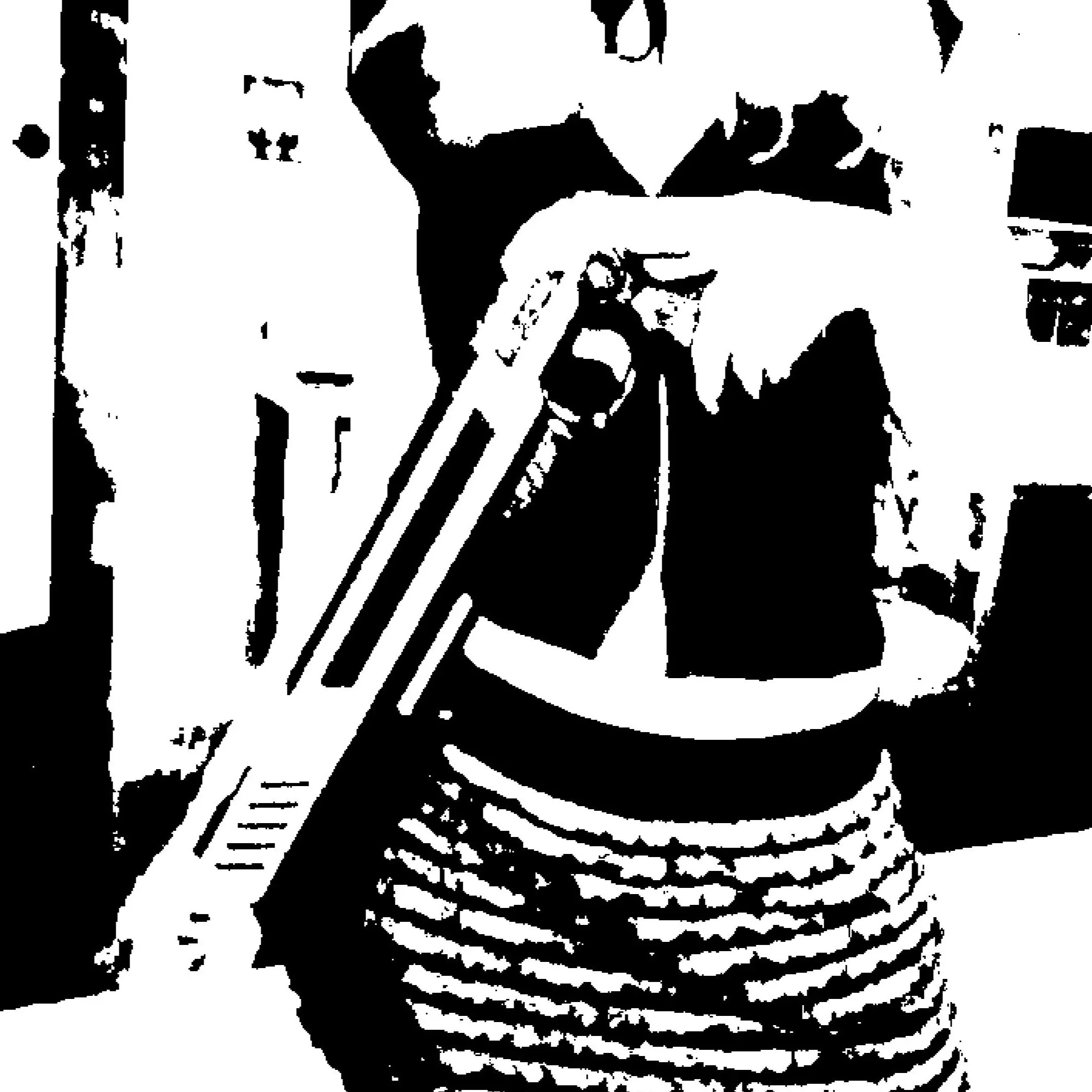 Black and white silhouette of a person's face with a detailed neckline and hand, abstract and stylized.