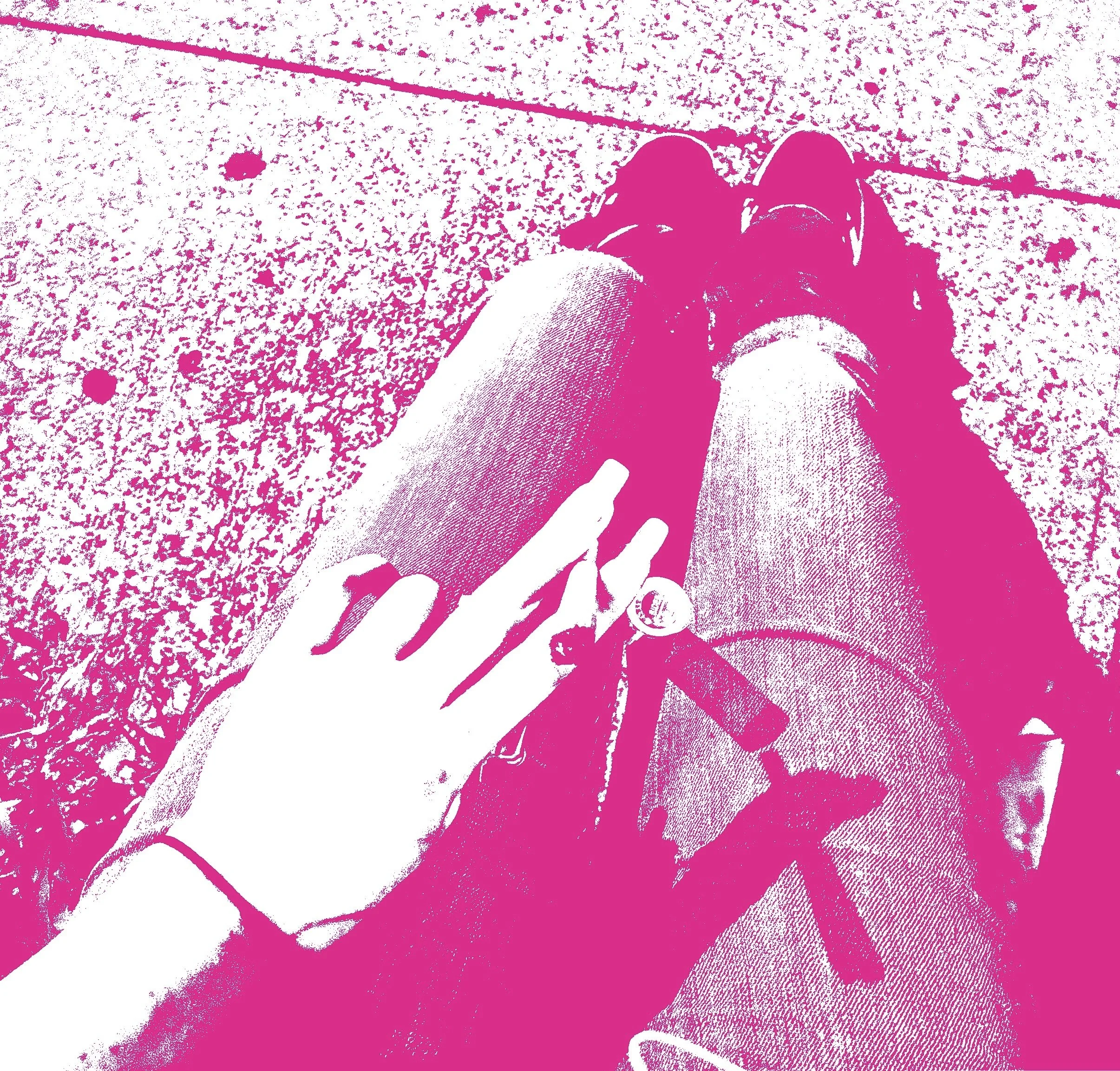 Close-up of a person's hand holding a camera, taking a photo of a textured surface on the ground with an irregular pattern, in a stylized pink and white color scheme.