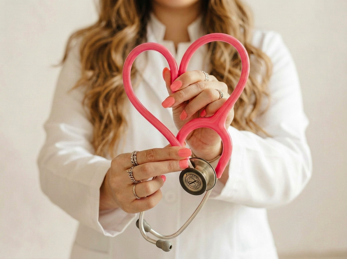 A woman in a white coat holding a pink stethoscope with a heart-shaped tubing.