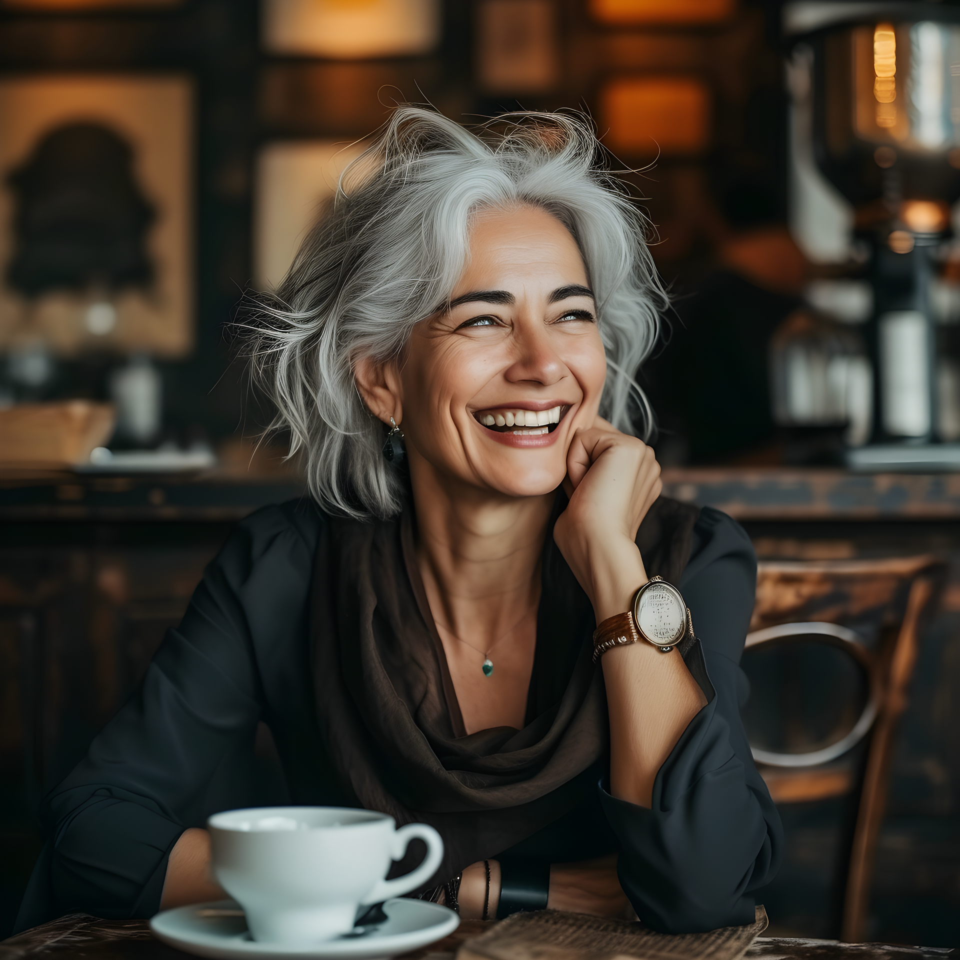 A woman with gray hair smiling, sitting in a cozy cafe with wooden decor, a white coffee cup on the table in front of her.