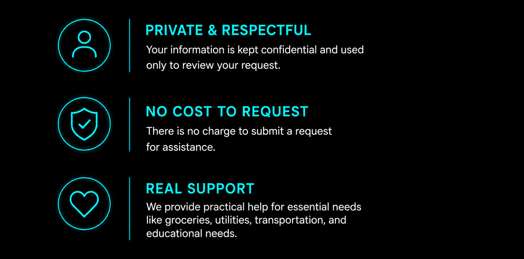 A digital infographic with three sections, each featuring a neon icon on the left and text on the right. The first section has a person icon and details about privacy and confidentiality. The second section has a shield icon and discusses no cost to request assistance. The third section features a heart icon and talks about providing practical help for essential needs like groceries and utilities.