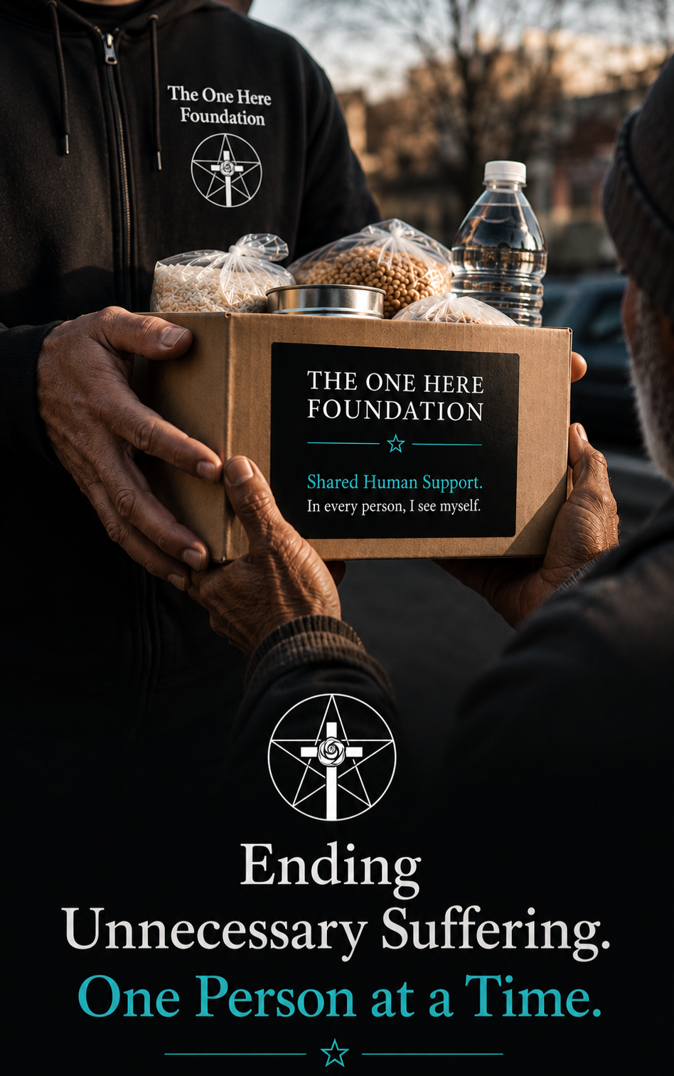 Person handing a box of food donations labeled 'The One Here Foundation' to another person outdoors during sunset.