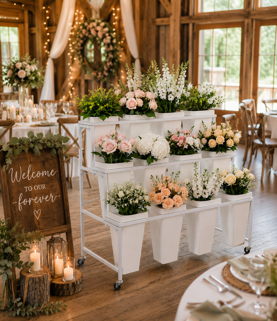 A white rolling cart filled with various pink, white, and cream flowers, set in a rustic barn decorated for a wedding, with a welcome sign, candles, and tables with table settings in the background.