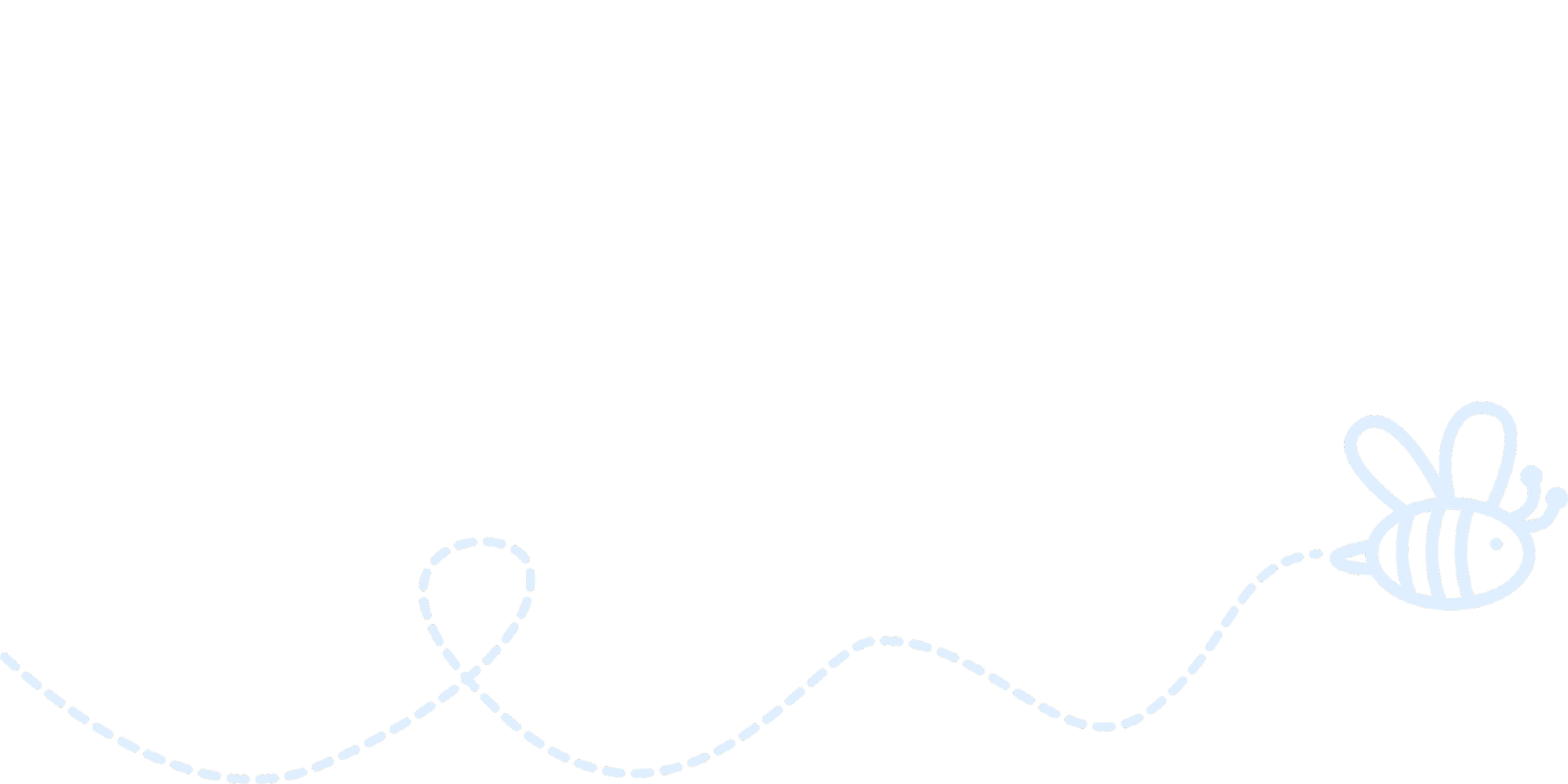 A stylized illustration of a dotted path leading to a bee on the right side.
