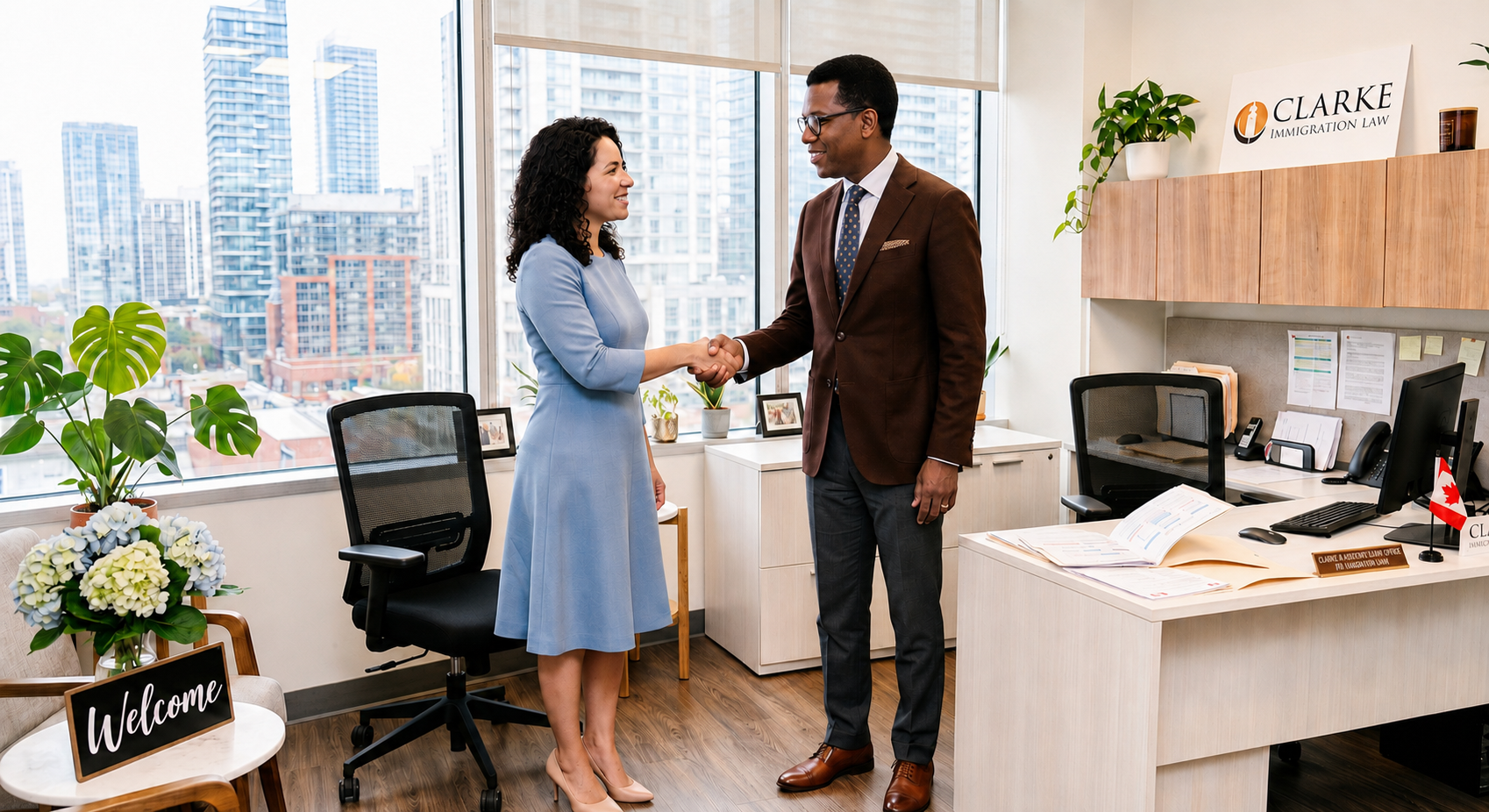 A woman and a man shaking hands in an office. The woman is wearing a light blue dress, and the man is wearing a brown suit with glasses. The office has large windows with city buildings outside, potted plants, a welcome sign, and a desk with papers, a computer, and a flag.