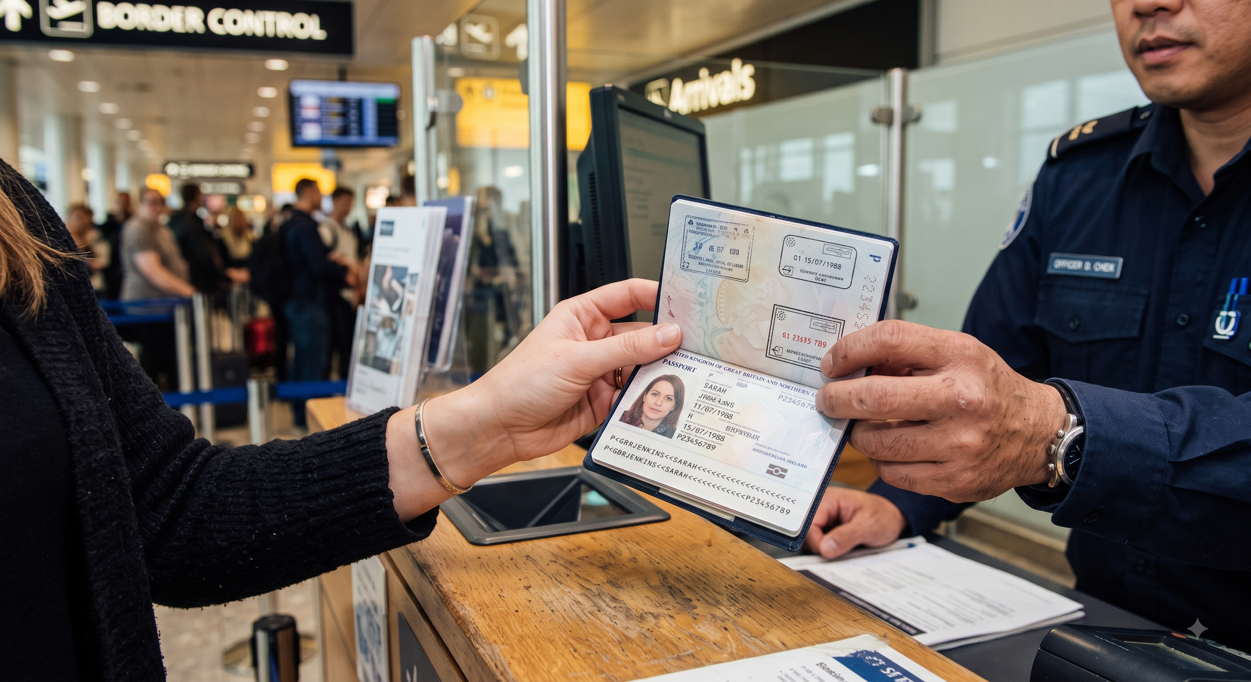 A person is handing a passport to a customs officer at an airport check-in counter. The passport is open showing the holder's photograph and information. The background shows other travelers and airport signage.
