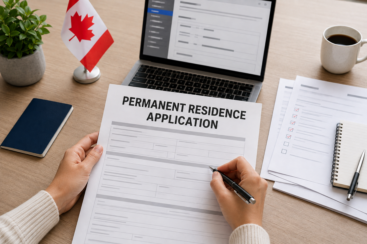 Person holding a permanent residence application form at a desk with a laptop, documents, a notebook, a pen, a small Canadian flag, a cup of coffee, and a potted plant.