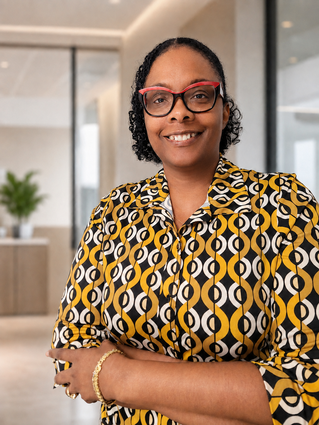 A woman with curly black hair, wearing glasses and a patterned yellow, black, and white shirt, standing in a modern office with glass walls and a potted plant in the background.