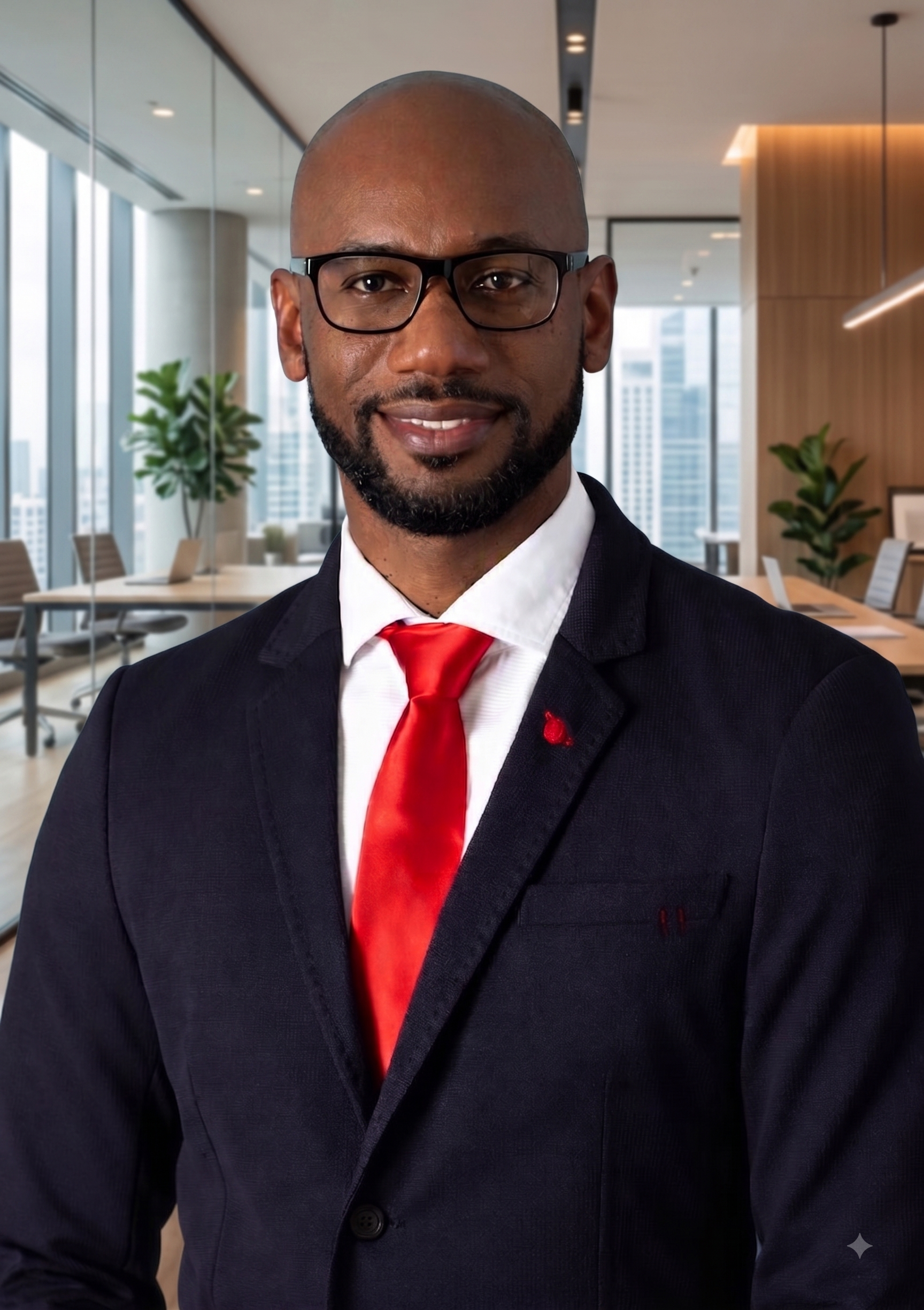 A man in a dark suit with a red tie and glasses, smiling in a modern office setting with large windows and city buildings outside.