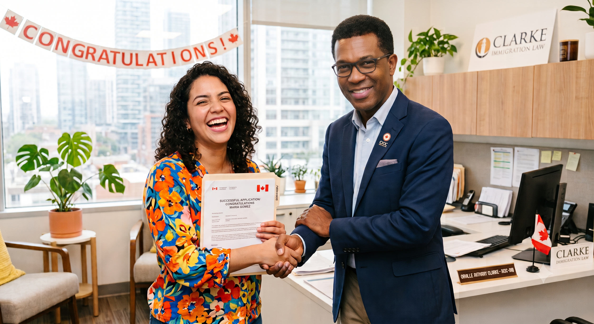 A woman is holding a document and smiling while shaking hands with a man in an office, celebrating her successful application or graduation. Behind them is a banner that says 'CONGRATULATIONS!' with a Canadian flag and a plant on the desk.