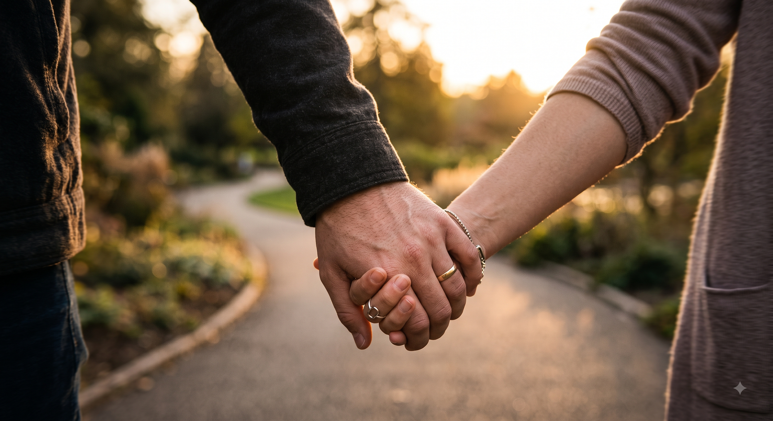 A close-up of a couple holding hands outdoors at sunset, with trees and a walking path in the background.