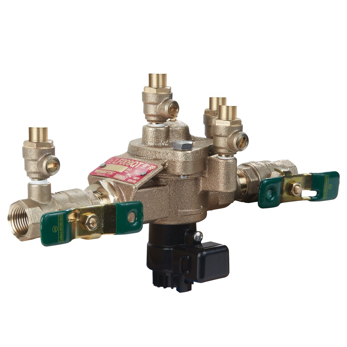 A metallic valve assembly with various connectors and green handles, used for controlling fluid flow in plumbing systems.