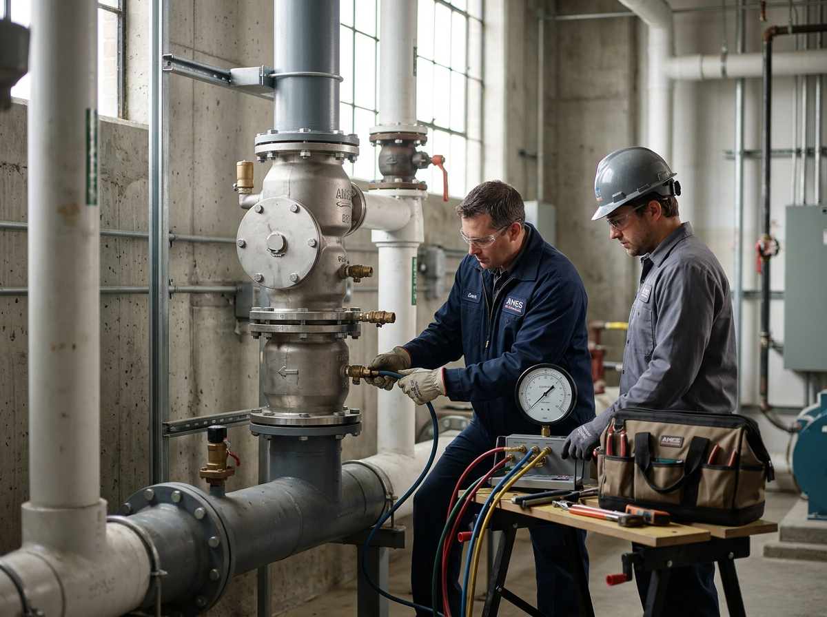 Two technicians repairing large industrial pipes in a factory setting.