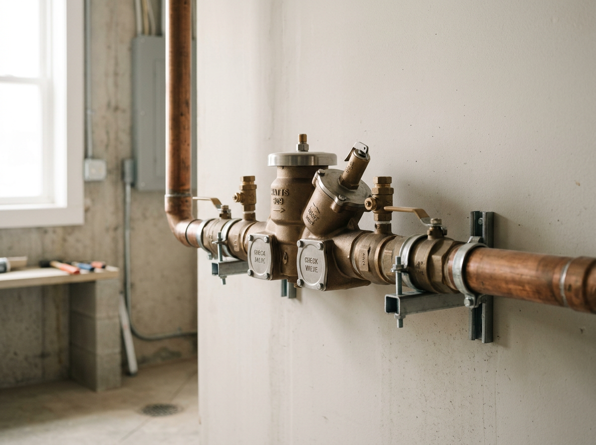 Close-up of a complex plumbing system with copper pipes and valves mounted on a wall in an unfinished room.
