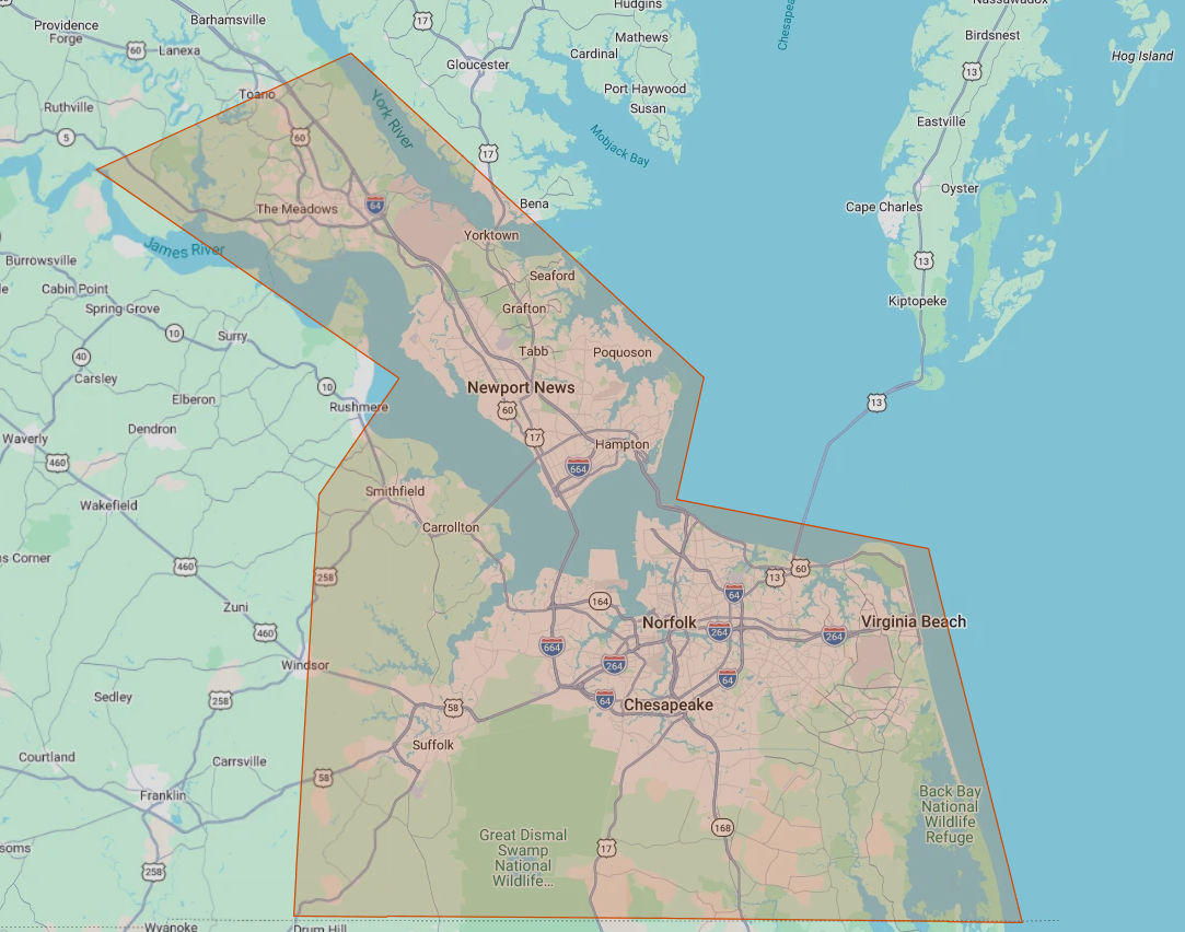 Map showing regions around Newport News, Norfolk, Chesapeake, Virginia Beach, and surrounding areas in southeastern Virginia, with water bodies and roads marked.