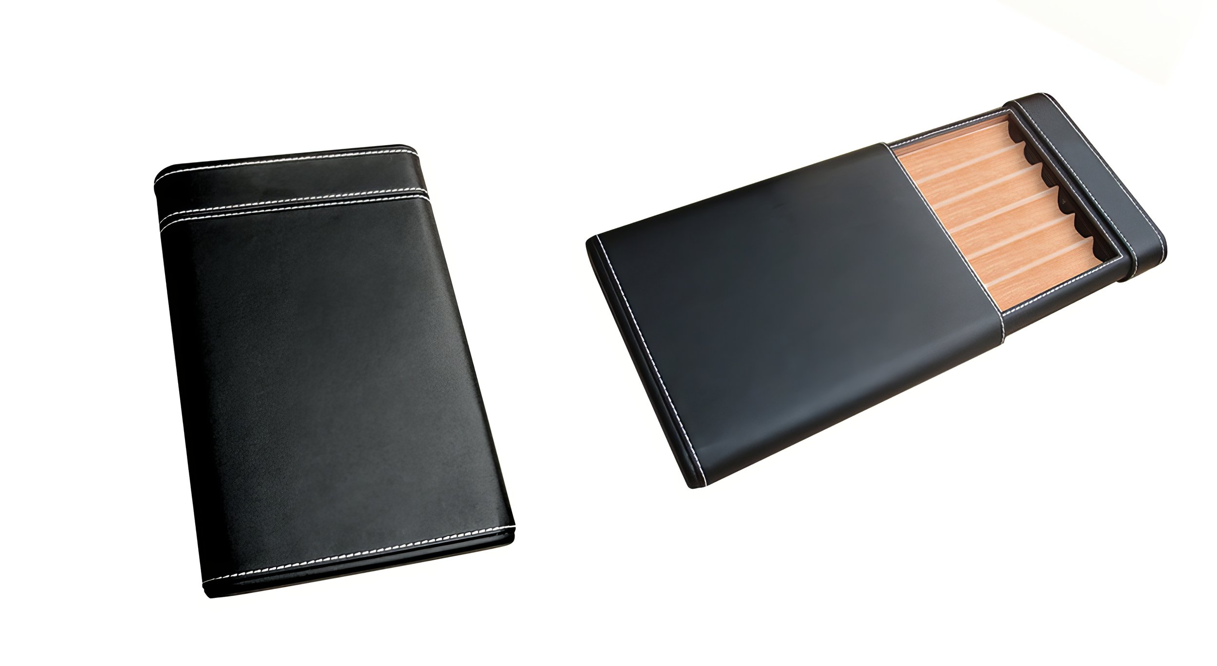 SIX-CIGAR LEATHER HUMIDOR — $59.99
Black leather travel humidor with a slide-out cigar bed and humidifier.