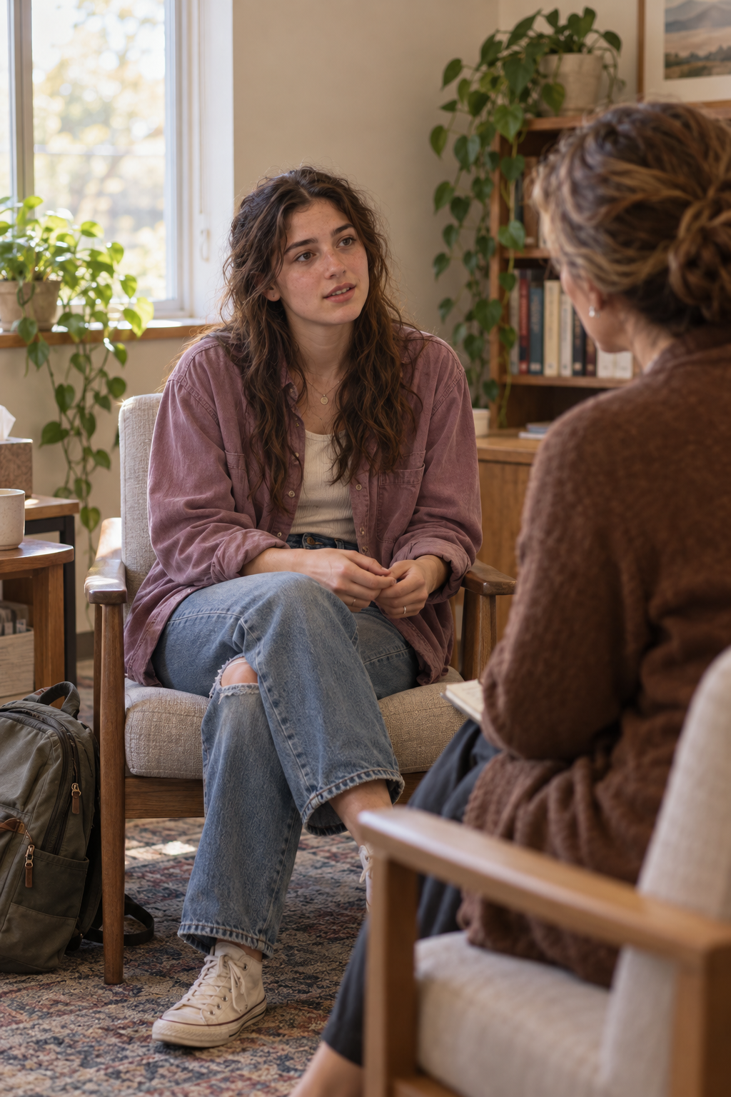 Young woman with wavy brown hair wearing a mauve jacket and ripped jeans, seated in a cozy room with plants and books, talking to an older woman with brown hair in a bun, wearing a brown sweater.
