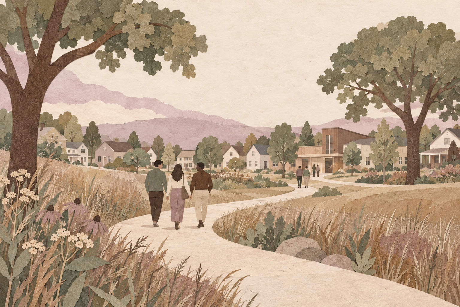 An illustration of a neighborhood scene with a winding walking path, trees, houses, and mountains in the background, with people walking and enjoying the area.