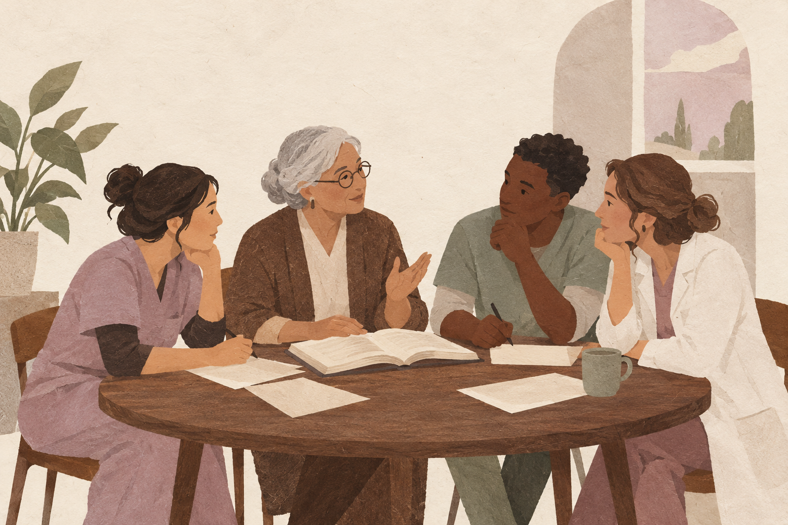 A diverse group of five women, including healthcare professionals, engaged in a discussion around a table with papers, a book, and a coffee mug.