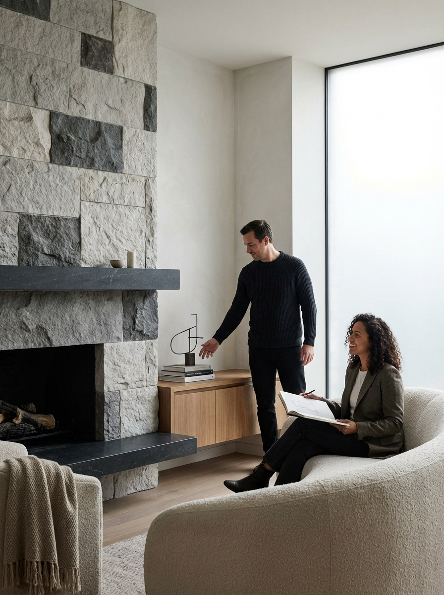 A man and a woman in a modern living room with a stone fireplace, a large window, and contemporary furniture. The woman is sitting on a cream sofa with a notebook, and the man is standing near a wooden cabinet.