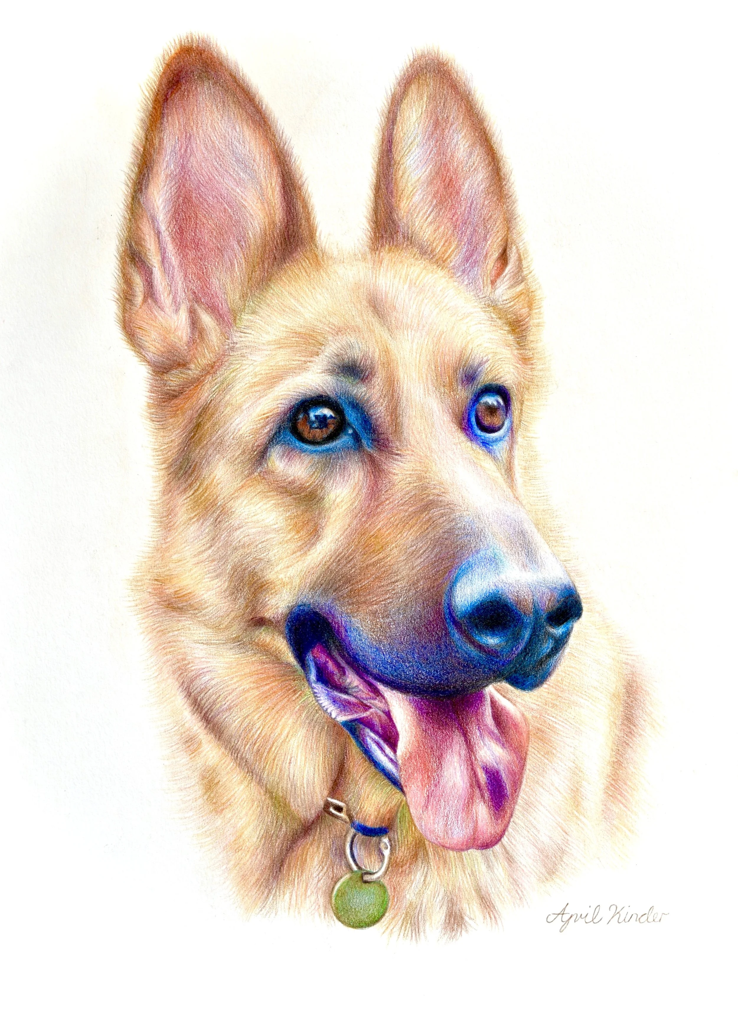 Colorful artistic portrait of a joyful German Shepherd dog with expressive eyes, tongue out, wearing a collar with a green tag, and detailed fur.