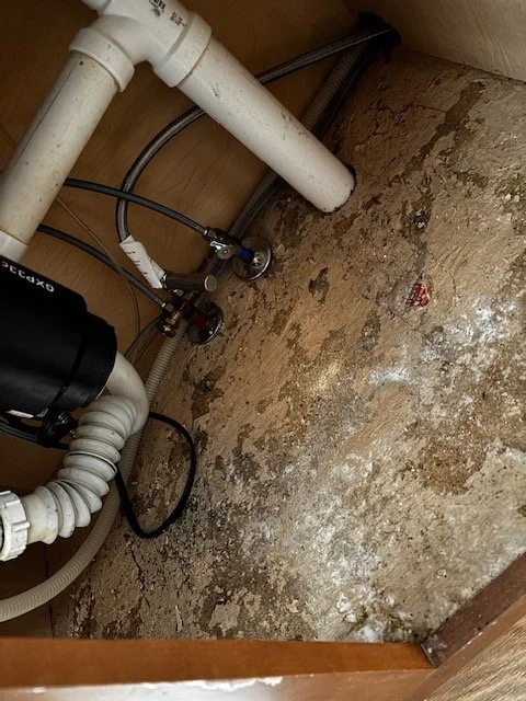 Damage beneath a kitchen sink before repair