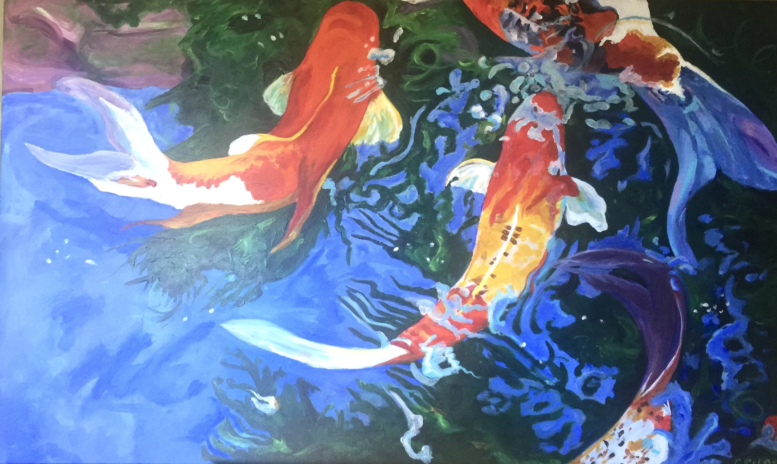 A colorful painting of koi fish swimming in water with vibrant blue, green, orange, yellow, purple, and white hues.