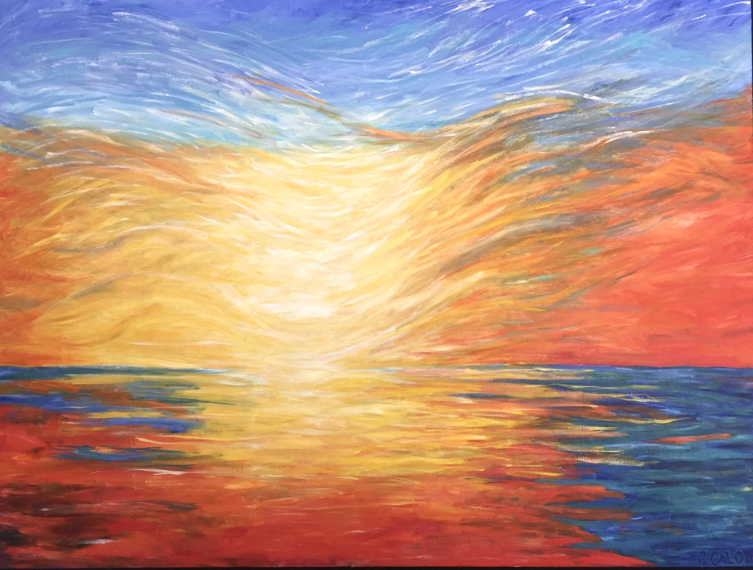 An abstract painting featuring vibrant colors with sweeping, flowing brushstrokes in shades of blue, orange, yellow, and red.