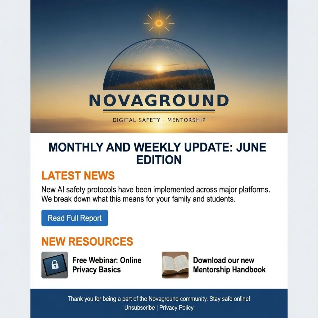 Newsletter header for Novaground with the title "Monthly and Weekly Update: June Edition" and sections for latest news and new resources, including a report on AI safety protocols and links to a privacy webinar and mentorship handbook.