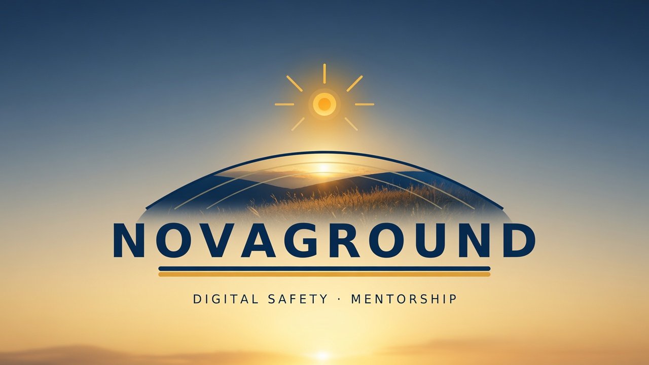 Logo for NOVAGROUND with a sunset behind a stylized solar panel and a sun icon, with text 'Digital Safety' and 'Mentorship'.