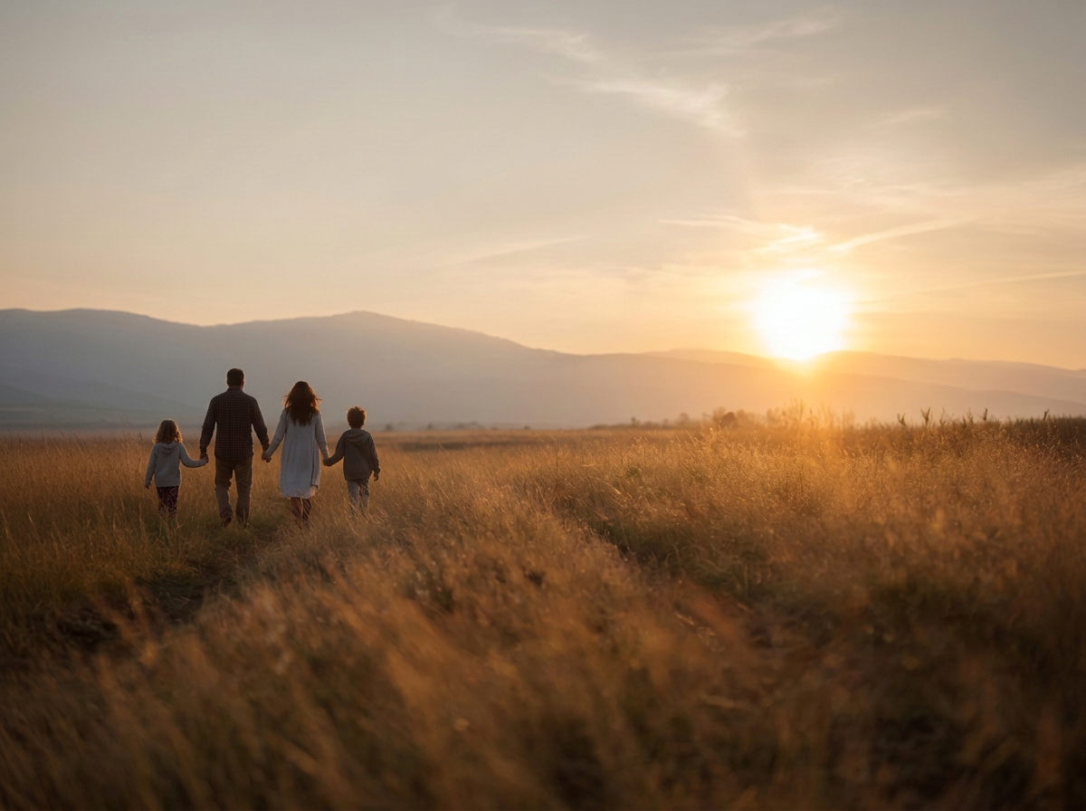A family of four walking hand in hand through a grassy field during sunset, with mountains in the background.