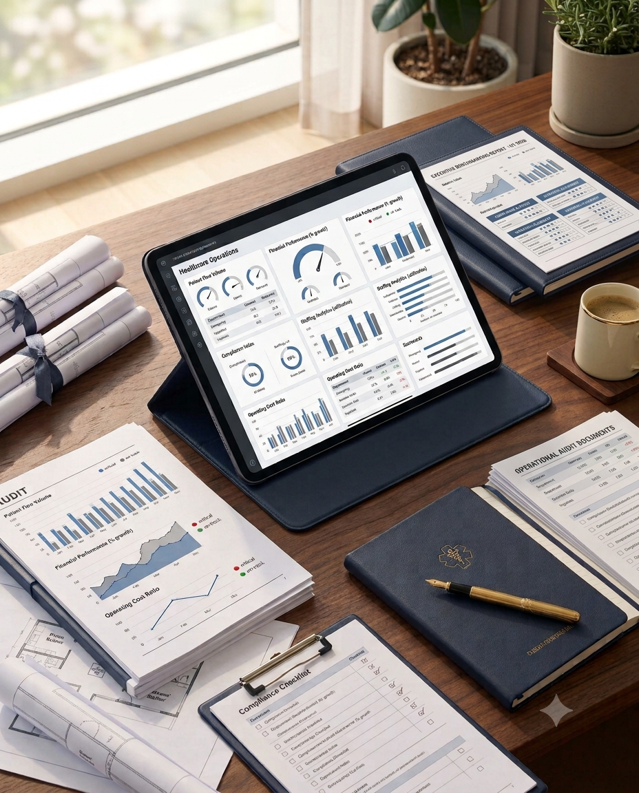 Healthcare performance analytics and digital planning tools displayed on a tablet.
