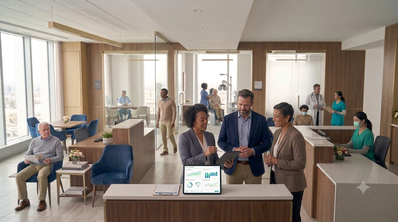 Healthcare professionals collaborating in a modern medical practice.