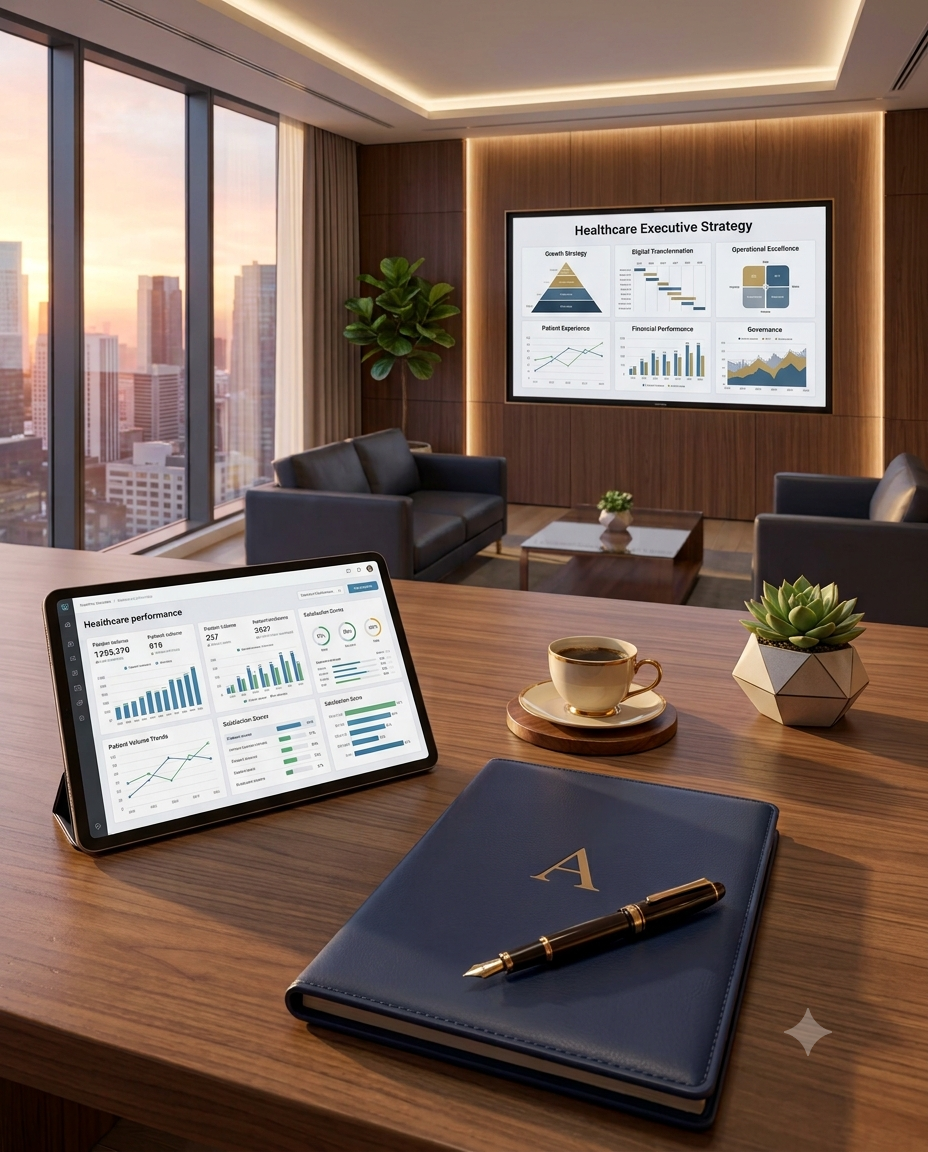 Healthcare performance data and strategic planning tools in a professional advisory setting.