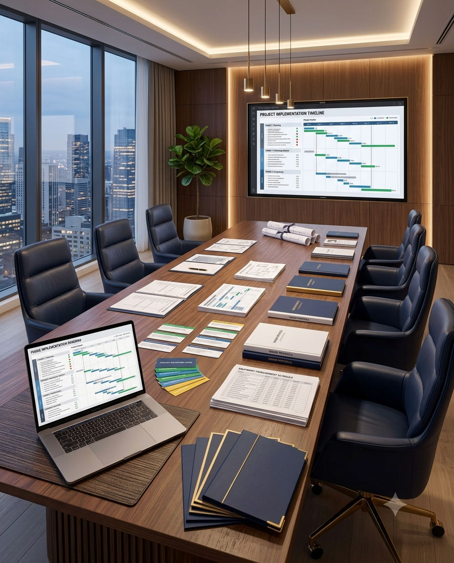 Healthcare strategy workspace with project plans and an implementation timeline.