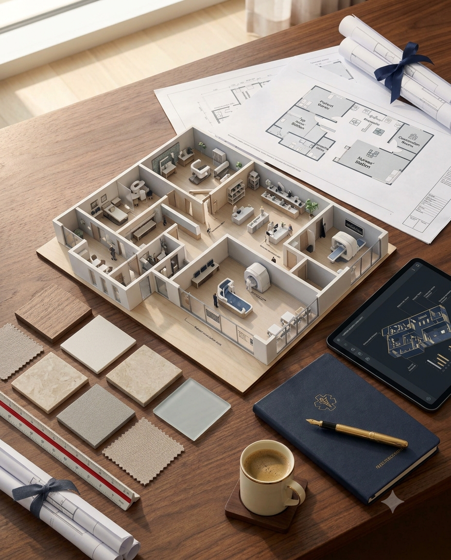 Healthcare facility planning workspace with architectural plans and building model.