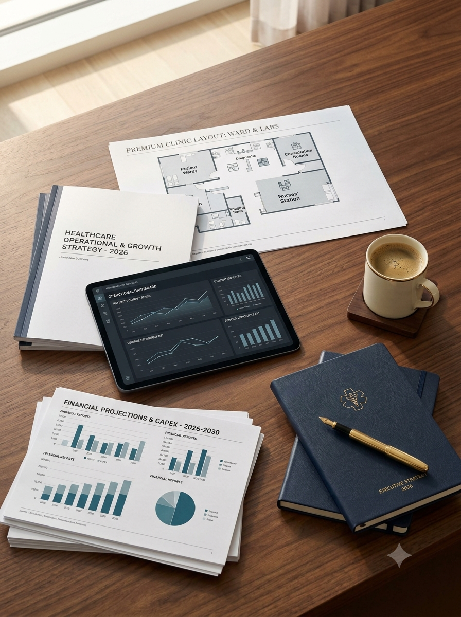 Healthcare strategy materials showing operational, financial, and growth planning.