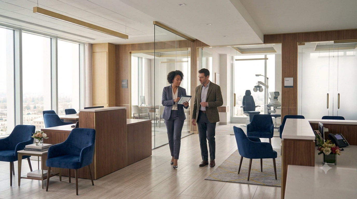 Healthcare professionals discussing operations in a modern clinical environment.