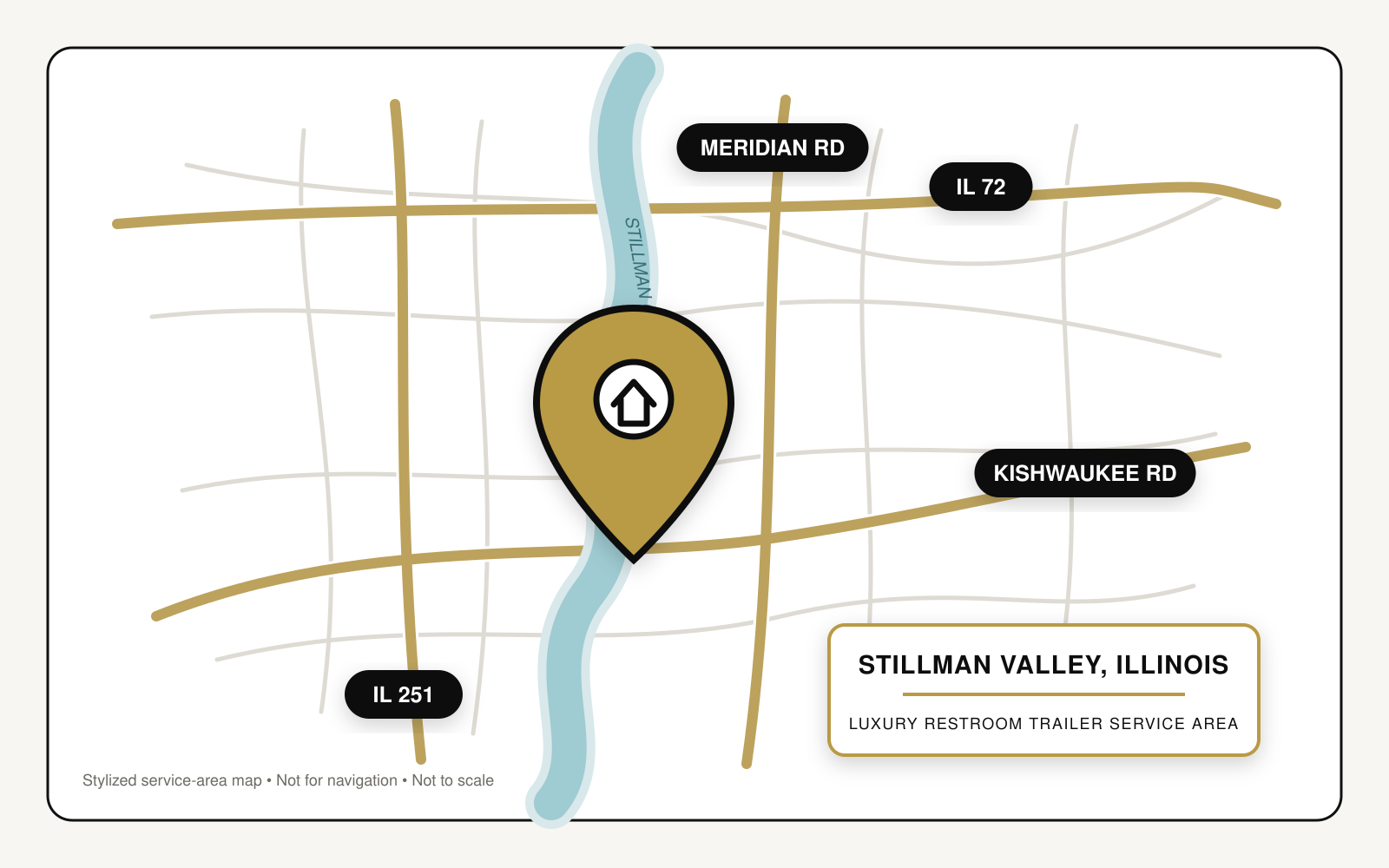 Stylized service-area map showing luxury restroom trailer service in Stillman Valley, Illinois, near Illinois Routes 72 and 251, Kishwaukee Road, Meridian Road, and Stillman Creek.