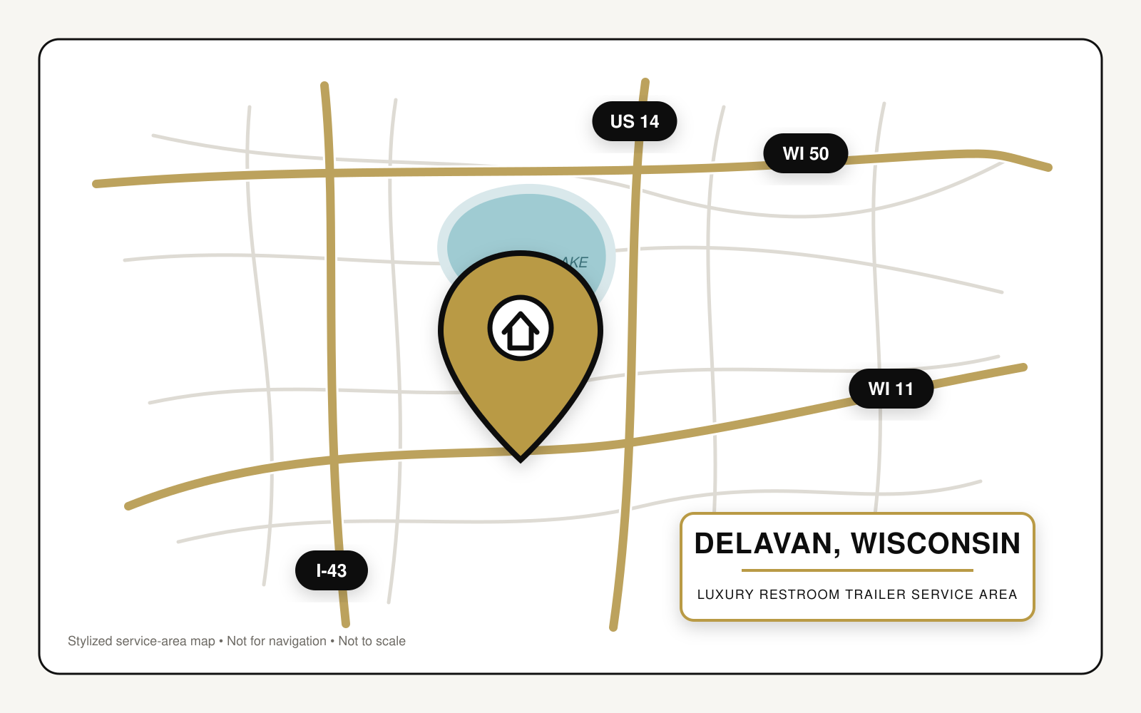 Map showing luxury restroom trailer service in Delavan, Wisconsin, near I-43, US Route 14, Wisconsin Routes 11 and 50, and Delavan Lake.