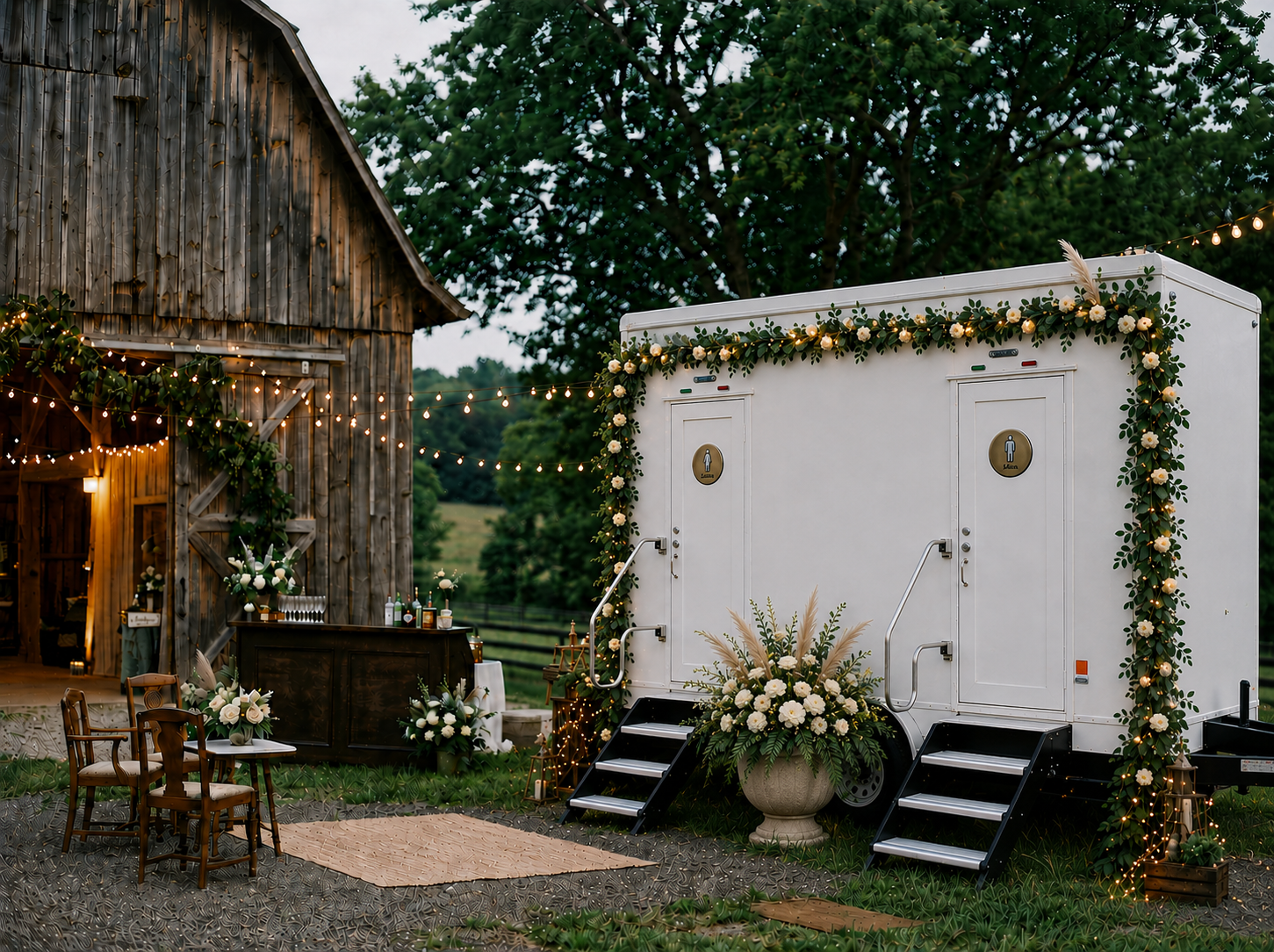 Celebration setup with a decorated white trailer, floral arrangements, string lights, and a rustic wooden barn in a rural outdoor setting.