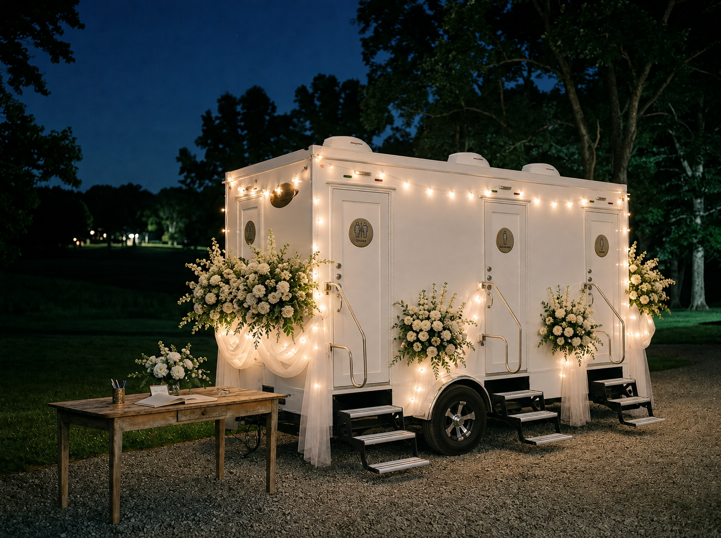 Decorated mobile restroom trailer with white flowers and string lights outdoors at night.