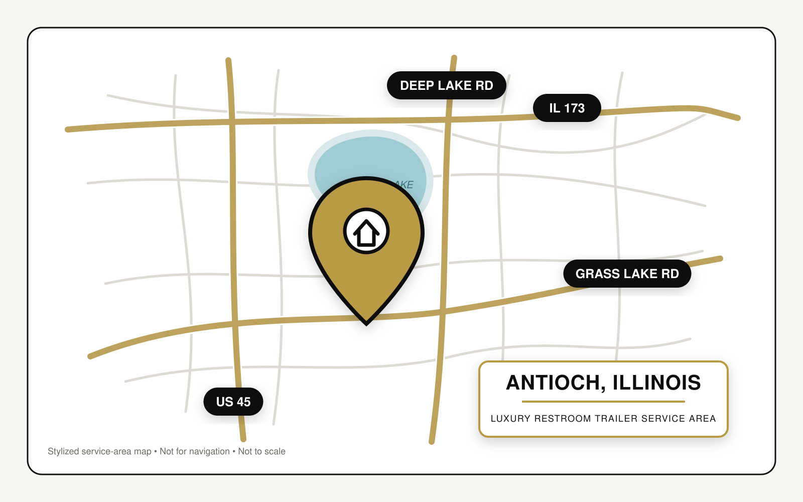 Stylized service-area map showing luxury restroom trailer service in Antioch, Illinois, near Illinois Route 173, U.S. Route 45, Deep Lake Road, Grass Lake Road, and Antioch Lake.