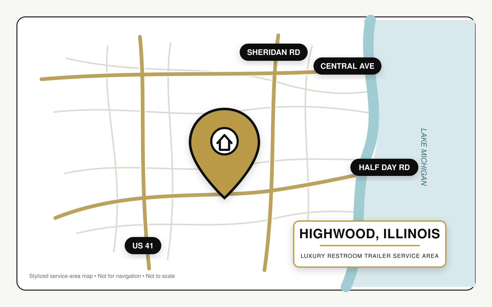 Map showing luxury restroom trailer service in Highwood, Illinois, near US Route 41, Sheridan Road, Central Avenue, Half Day Road, and Lake Michigan.