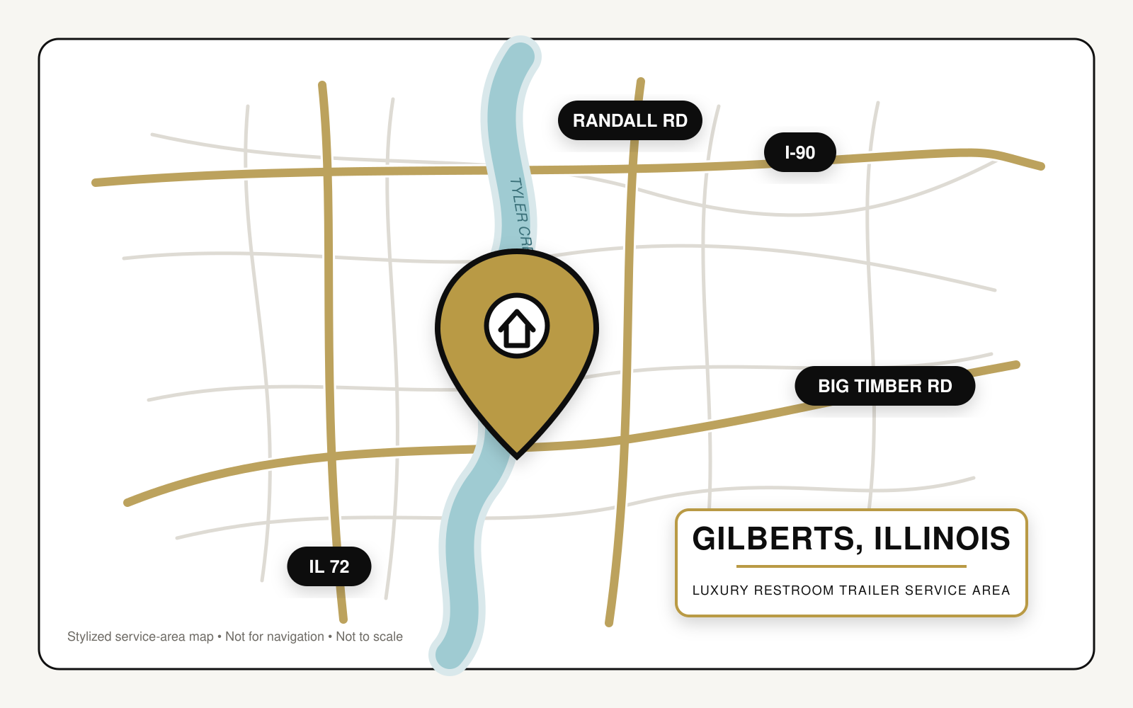 Map showing luxury restroom trailer service in Gilberts, Illinois, near Interstate 90, Illinois Route 72, Randall Road, Big Timber Road, and Tyler Creek.
