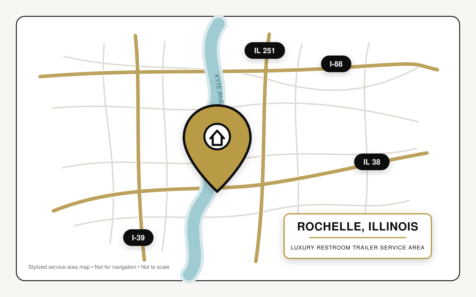 Stylized service-area map showing luxury restroom trailer service in Rochelle, Illinois, near Interstates 39 and 88, Illinois Routes 38 and 251, and the Kyte River.